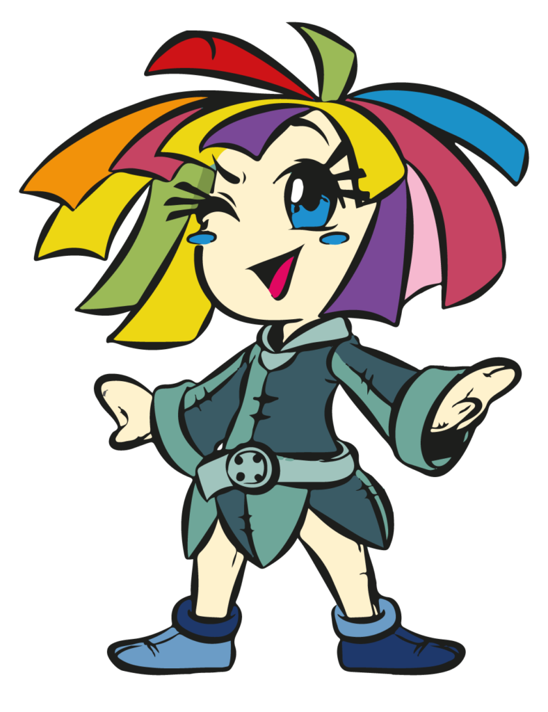 Emília, boneca de pano em estilo mangá, com roupas verdes, sapatos azuis e cabelo colorido